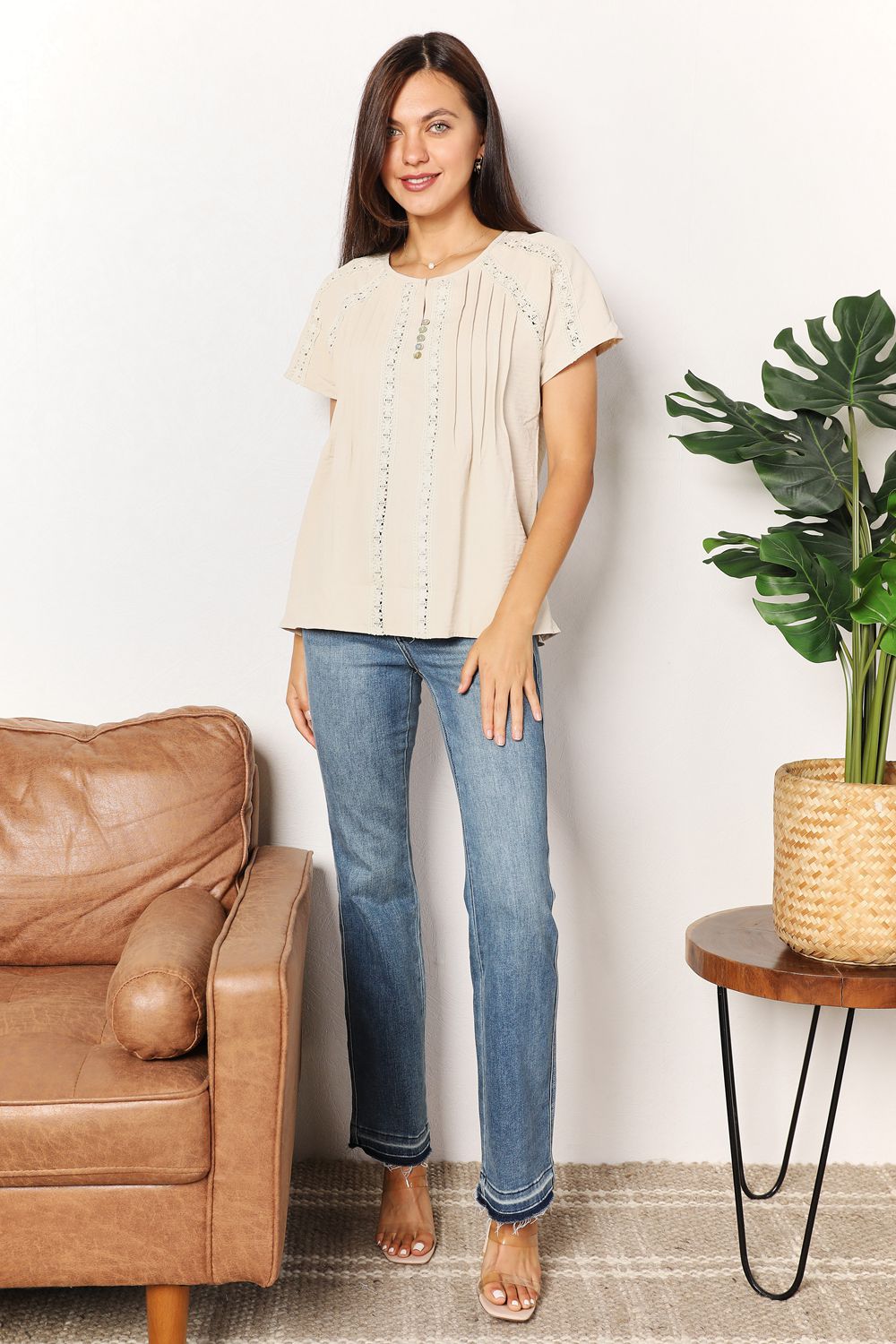 Haut boutonné à manches courtes en crochet Double Take