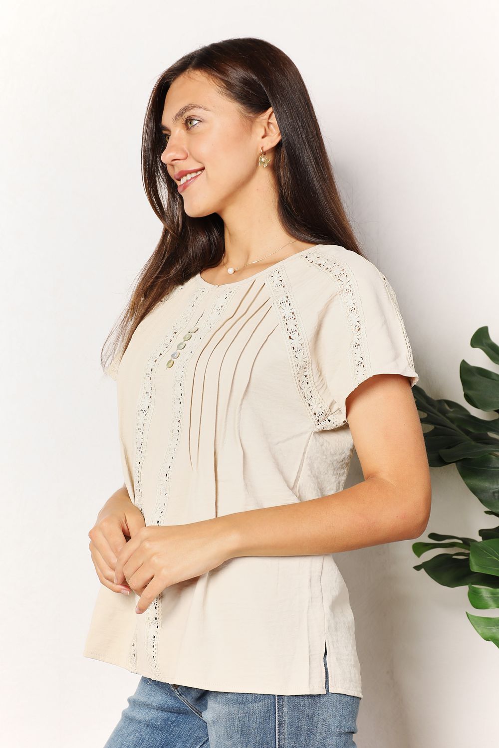 Haut boutonné à manches courtes en crochet Double Take