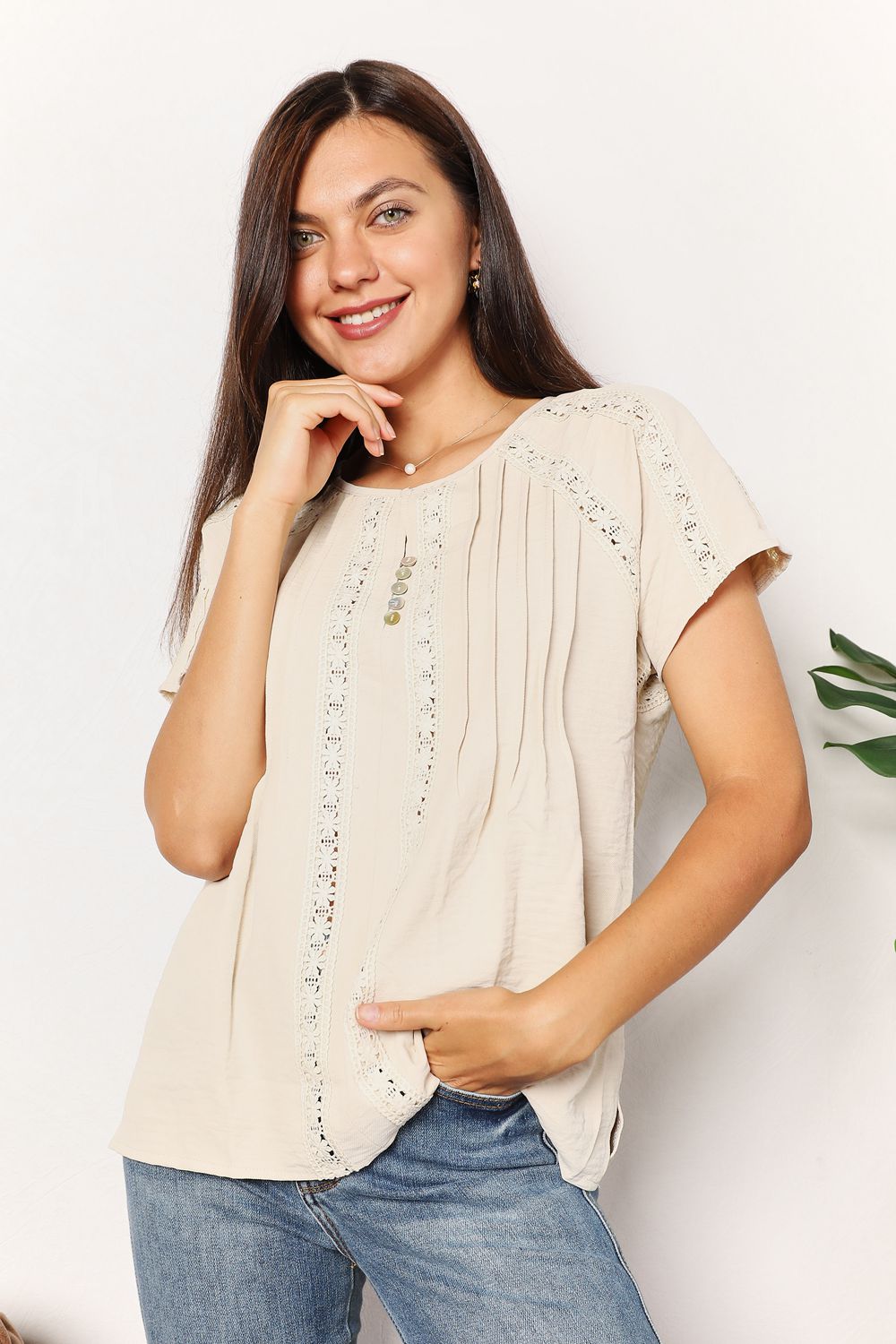 Haut boutonné à manches courtes en crochet Double Take