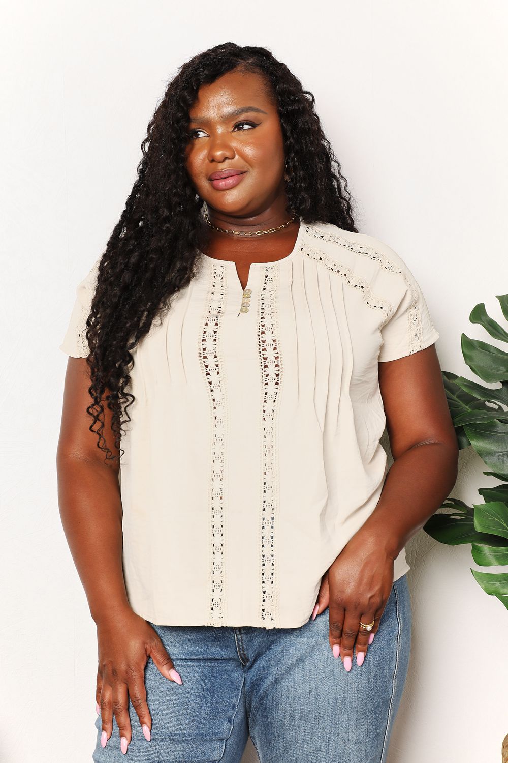 Haut boutonné à manches courtes en crochet Double Take