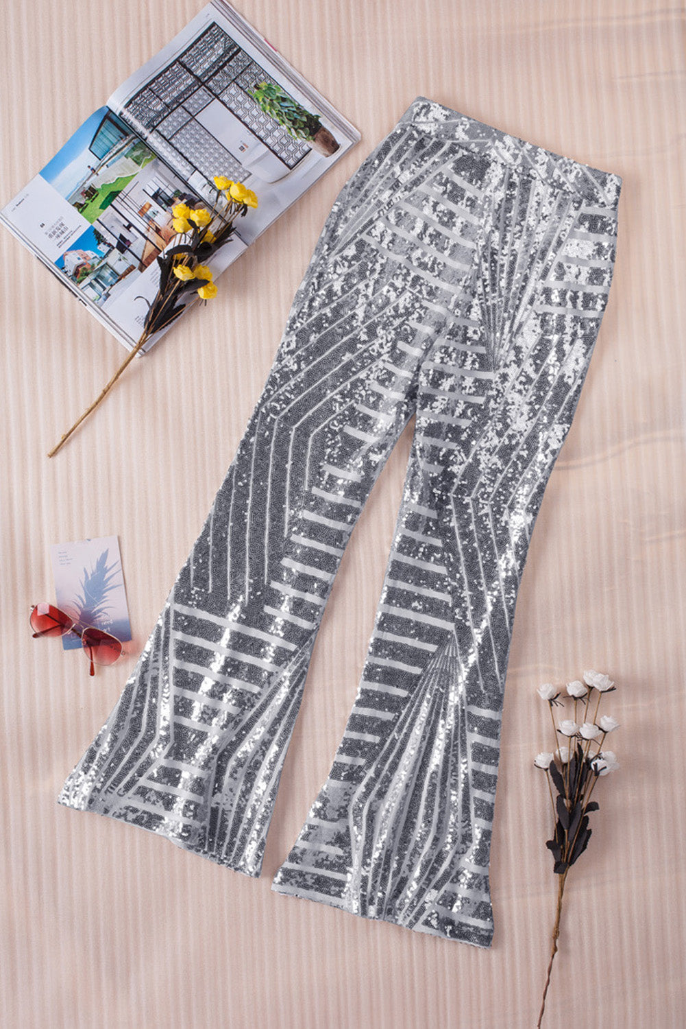 Pantalon évasé taille haute à paillettes