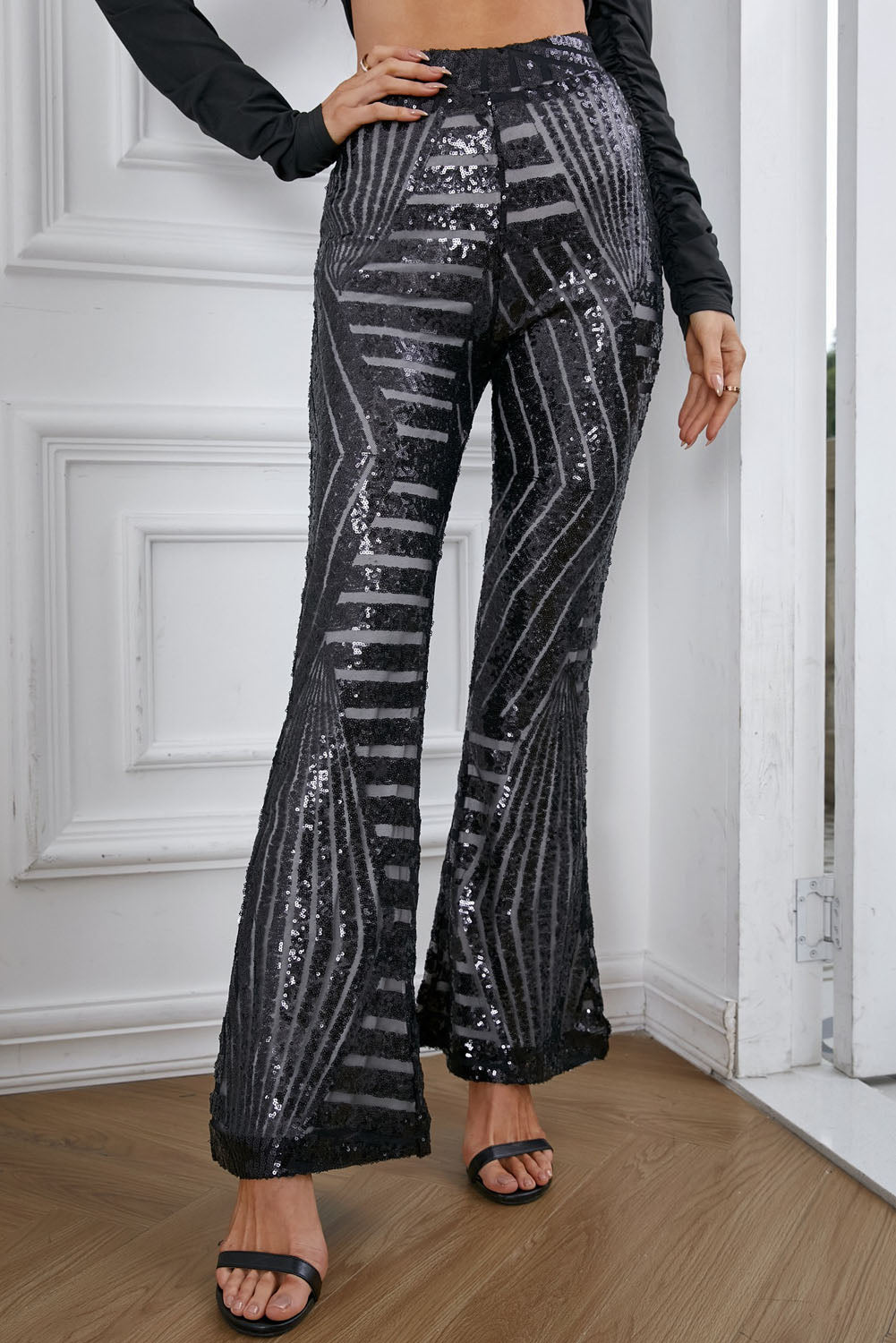 Pantalon évasé taille haute à paillettes