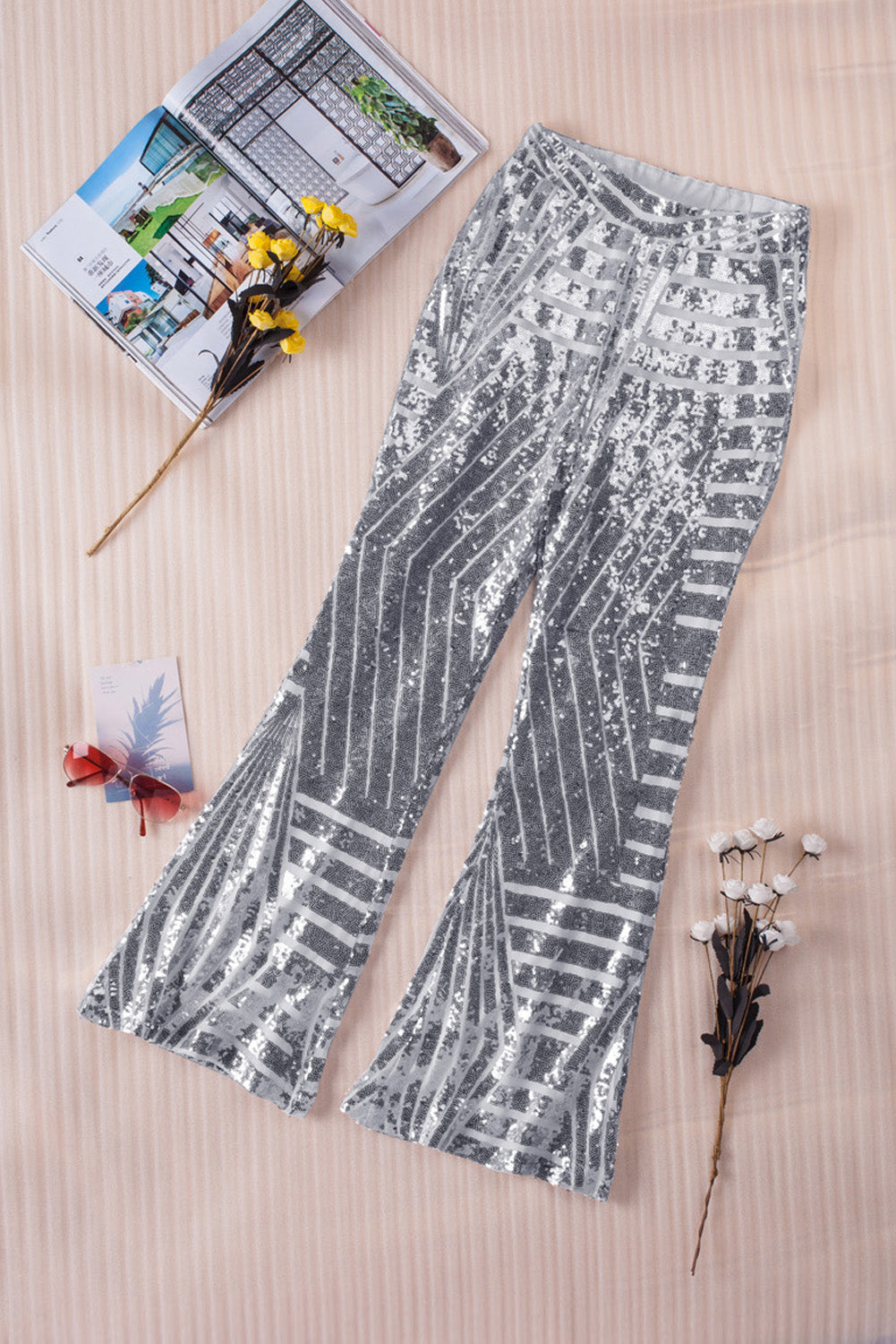 Pantalon évasé taille haute à paillettes