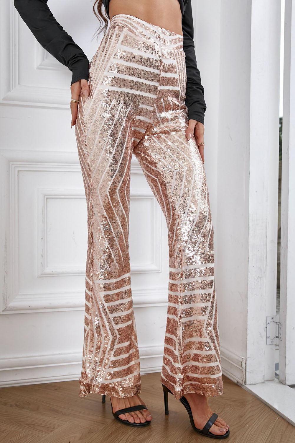 Pantalon évasé taille haute à paillettes