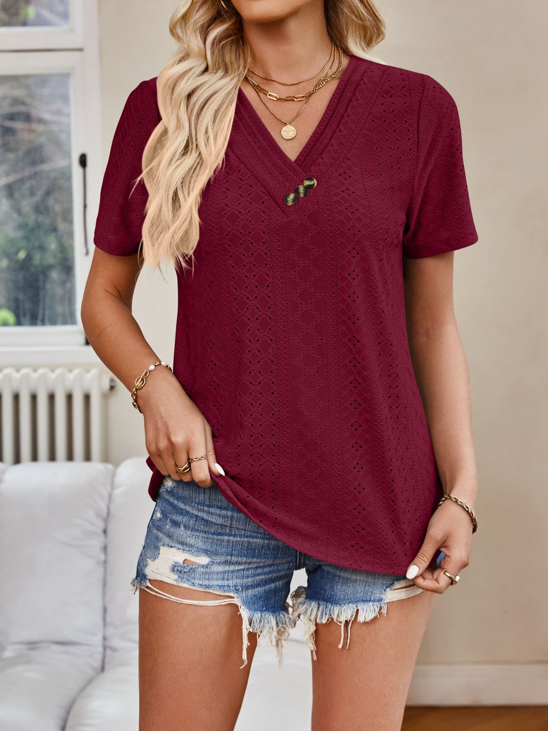 Lovelet Eyelet V-Neck Short Sleeve Top