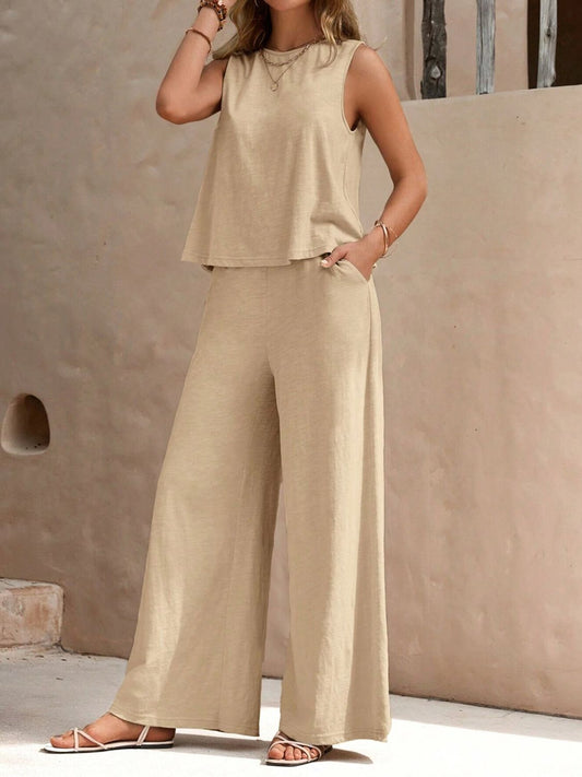 Round Neck Sleeveless Top and Wide Leg Pants Set