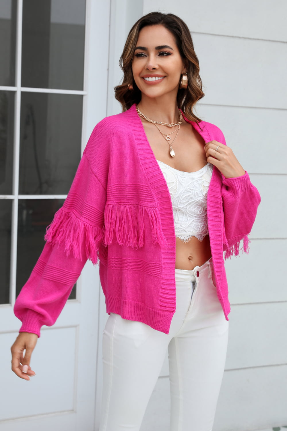 fringe trim open front cardigan