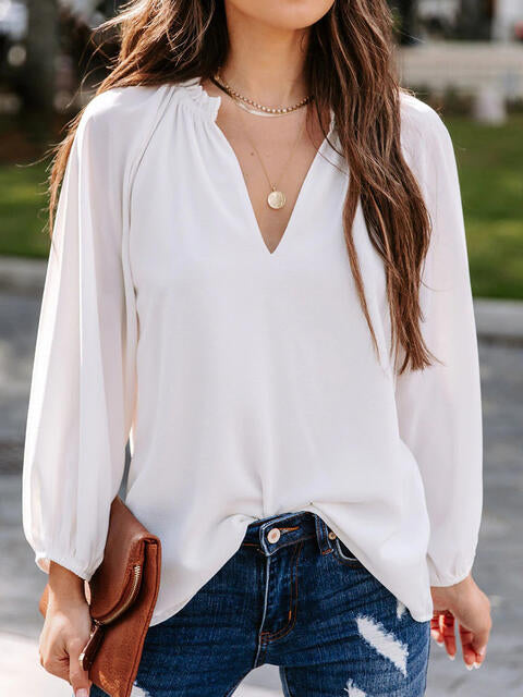 Notched Neck Long Sleeve Blouse