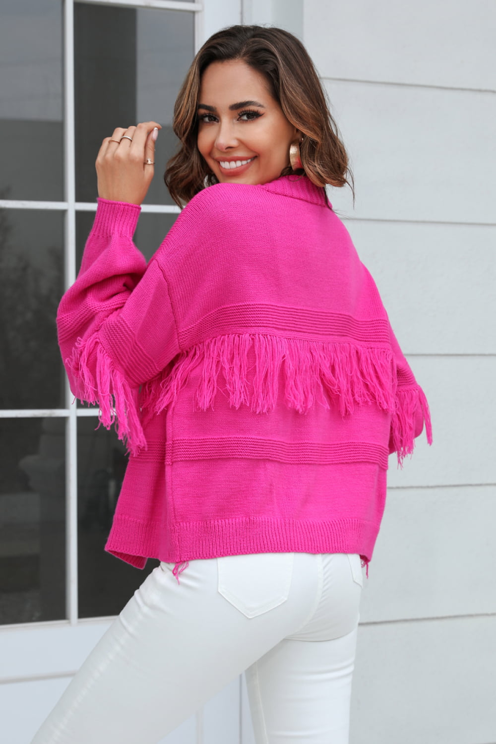 fringe trim open front cardigan