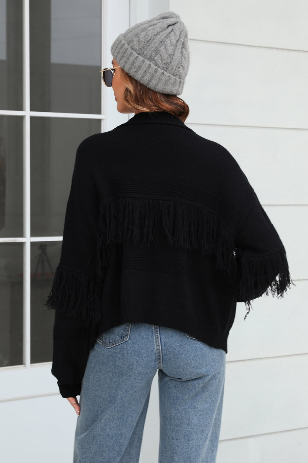 fringe trim open front cardigan