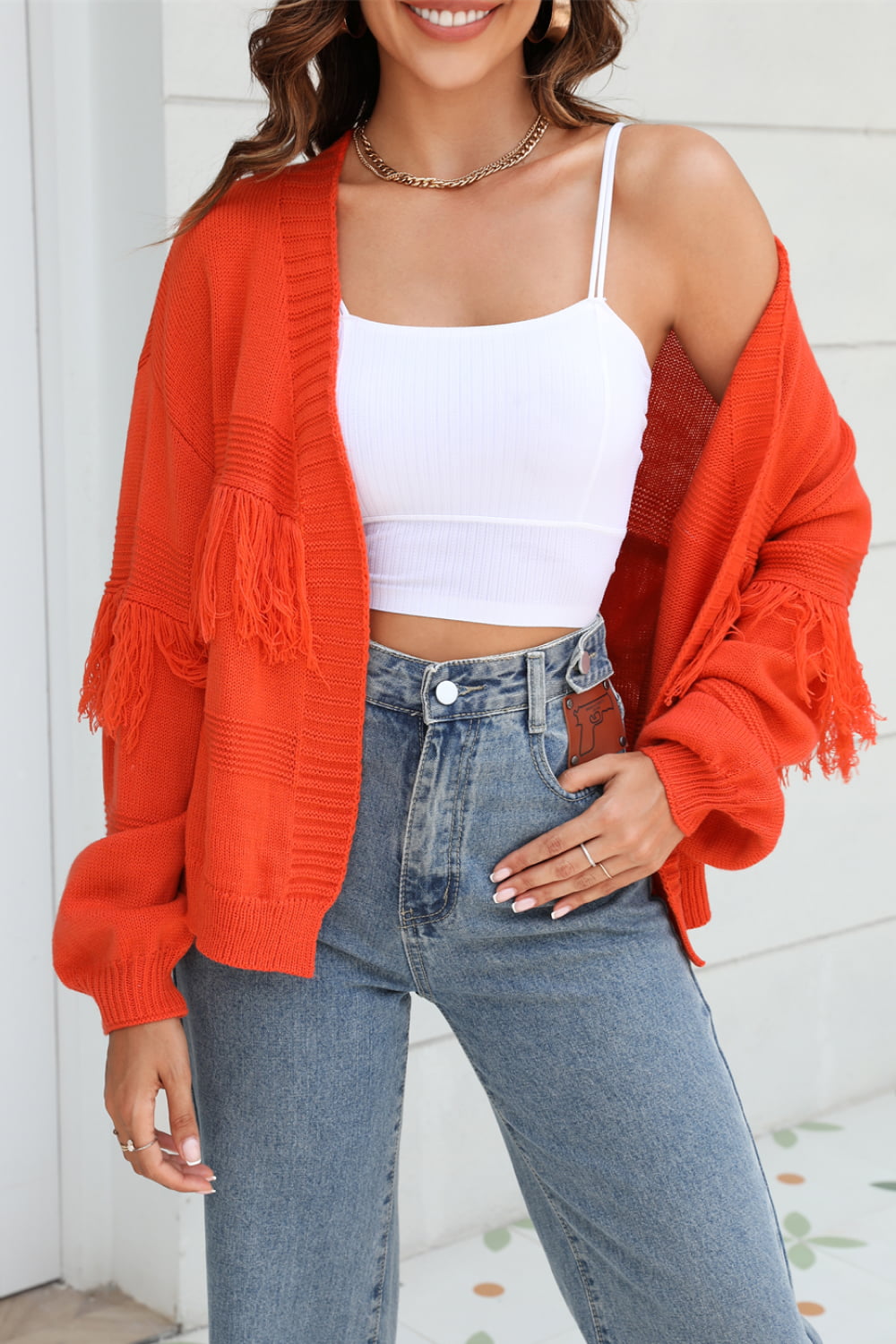 fringe trim open front cardigan